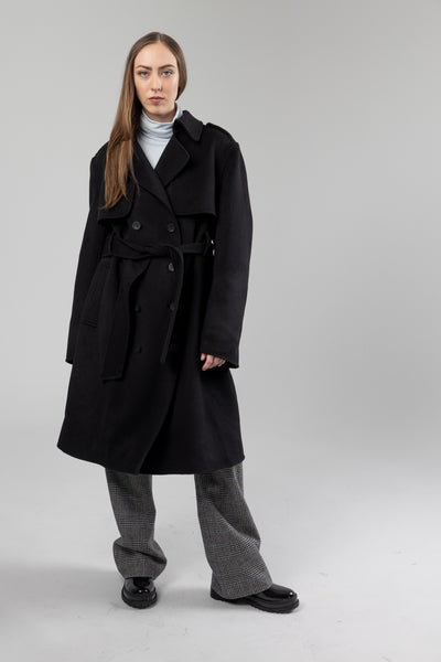 Oversized Black Wool Trench Coat